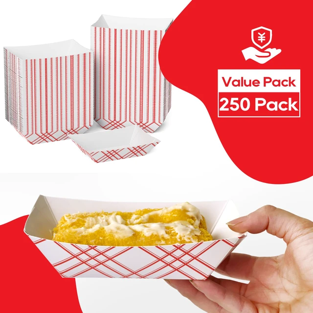 Alt view image 2 of 7 - 250 Pack 2lb Paper Food Tray Red, Disposable Paper Boat for Nacho Food Holder Trays, Serving Boats for Taco Hot Dog Snack Fries Dessert Popcorn Sauce
