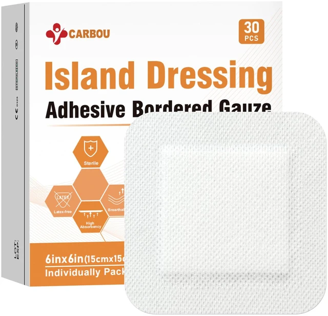 Main image of Island Dressing 6"x6" 30ct Sterile Bordered Gauze Pads Wound Care Sterile Individually Wrapped packs,Highly Absorbent Adhesive Dressing Pad,Bordered Gauze With Adhesive Border,Island Bandages