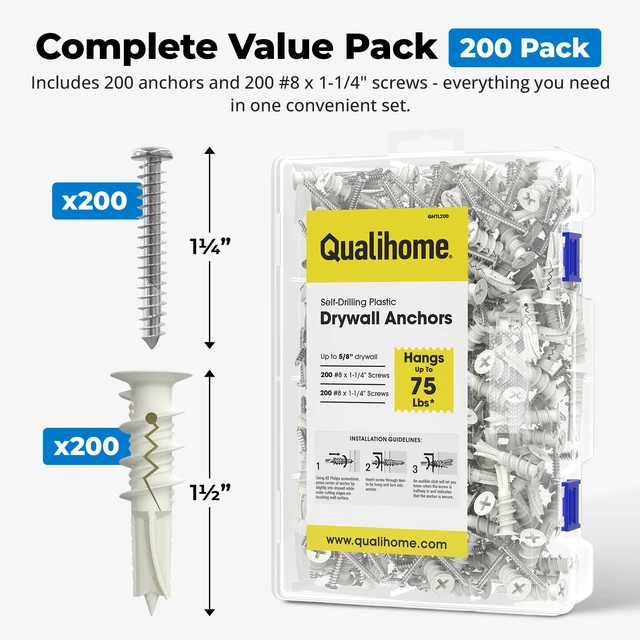 Alt view image 7 of 7 - Drywall Anchors with Screws Self-Drilling Drywall Anchors, Anti-Spin Grip, No Pre-Drill Wall Anchor Kit, Strong & Reliable Hold, 200 Pack (400 Pieces)