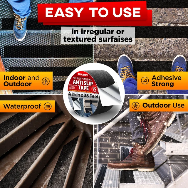 Alt view image 4 of 6 - Grip Tape - Heavy Duty Anti Slip Tape with Aggresive Adhesion for Irregular or Textured Surfaces Outdoor/Indoor Waterproof 4Inch x 35Ft Safety Non Skid Roll
