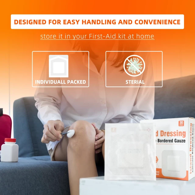 Alt view image 3 of 7 - Island Dressing 6"x6" 30ct Sterile Bordered Gauze Pads Wound Care Sterile Individually Wrapped packs,Highly Absorbent Adhesive Dressing Pad,Bordered Gauze With Adhesive Border,Island Bandages