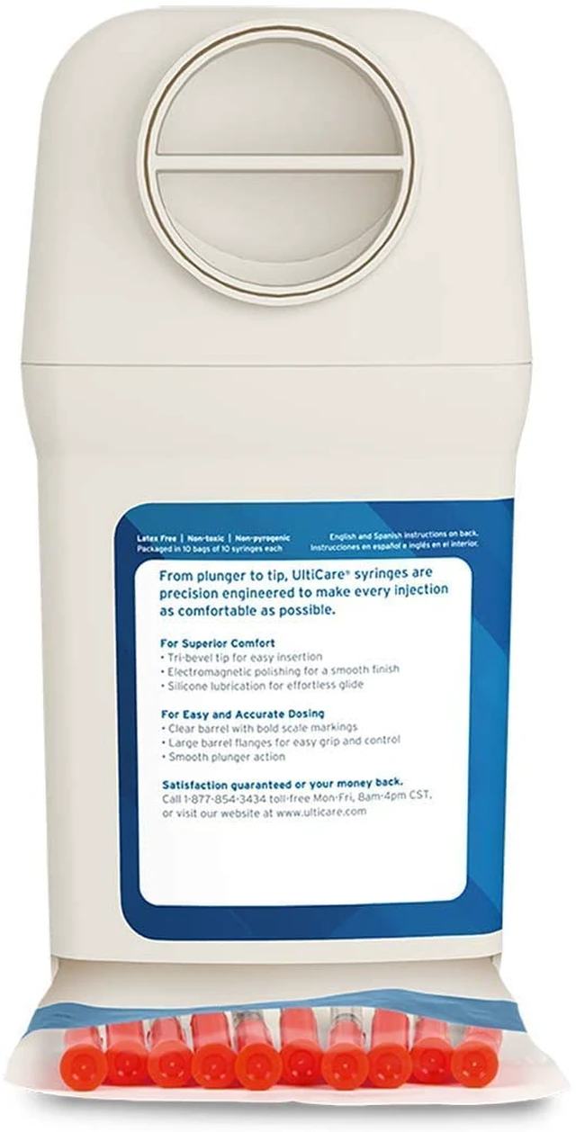 Alt view image 2 of 6 - UltiGuard Safe Pack U-40 Pet Insulin Syringes 1/2cc, 29G x 1/2", 100 Ct VetRx All-in-One Insulin Syringes and Sharps Container, Works with Any U-40 Strength Insulin for Dogs or Cats