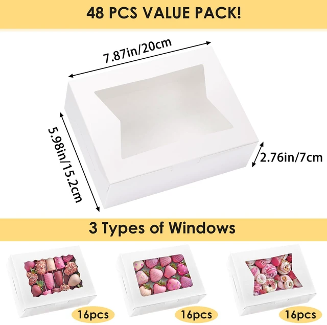 Alt view image 2 of 7 - 48pcs Cookie Boxes with 3 Style Window, 8x6x2.5In Bakery Boxes Food-grade White Treat Boxes, Dessert Boxes for Chocolate Strawberries, Donuts, Cupcakes, Muffins and Dessert