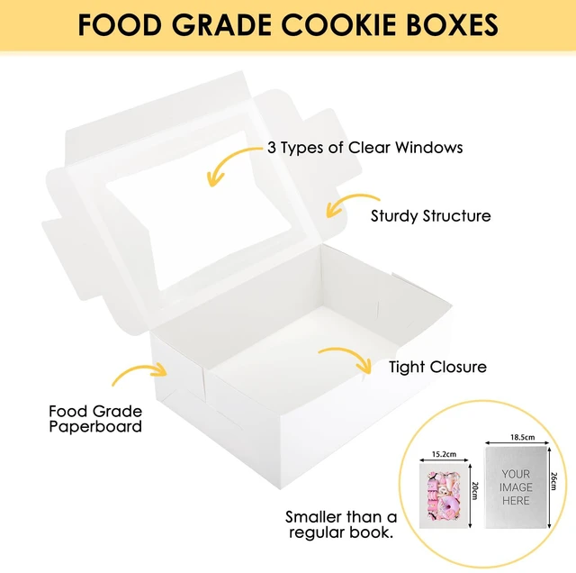 Alt view image 3 of 7 - 48pcs Cookie Boxes with 3 Style Window, 8x6x2.5In Bakery Boxes Food-grade White Treat Boxes, Dessert Boxes for Chocolate Strawberries, Donuts, Cupcakes, Muffins and Dessert