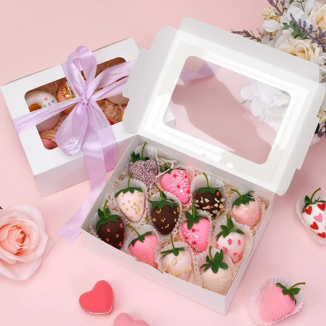 Alt view image 5 of 7 - 48pcs Cookie Boxes with 3 Style Window, 8x6x2.5In Bakery Boxes Food-grade White Treat Boxes, Dessert Boxes for Chocolate Strawberries, Donuts, Cupcakes, Muffins and Dessert