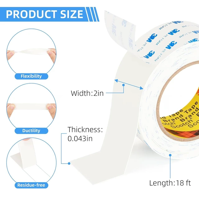 Alt view image 2 of 7 - 3M 1600T Double Sided Tape, 2 in x 18 ft White PE Foam Tape, 2 Pack 0.04 in Thick, Removable from Smooth Surfaces, for RV, Pictures, Posters, Frames and Home Décor