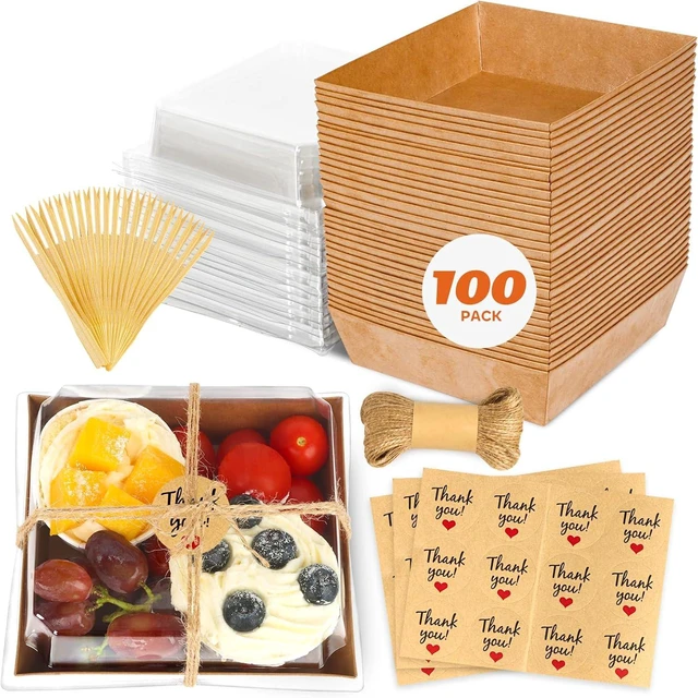 Main image of 100Pcs Small Charcuterie Boxes with Clear Lid, Kraft Food Container Paper, Mini, Disposable, Charcuterie Boxes To Go, for Outdoors, Camping, Traveling, Sandwich, Cookie, Sushi, Cake Slice