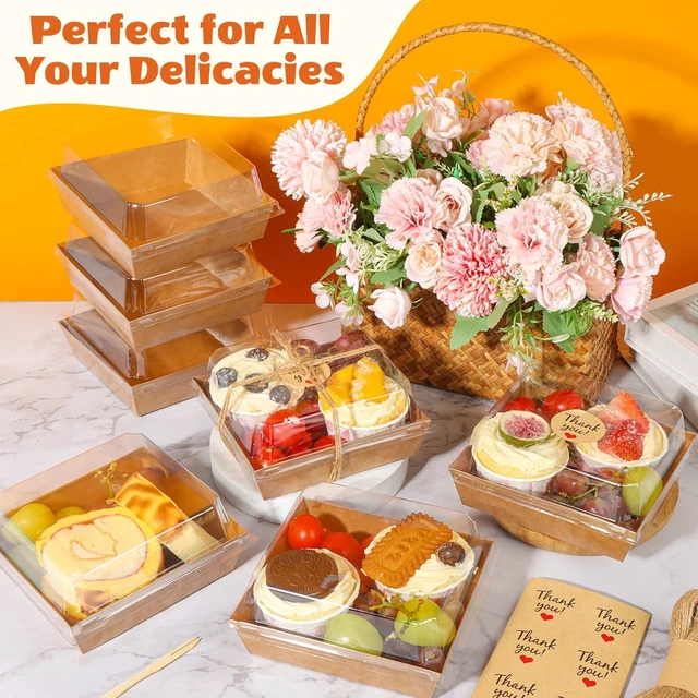 Alt view image 2 of 6 - 100Pcs Small Charcuterie Boxes with Clear Lid, Kraft Food Container Paper, Mini, Disposable, Charcuterie Boxes To Go, for Outdoors, Camping, Traveling, Sandwich, Cookie, Sushi, Cake Slice