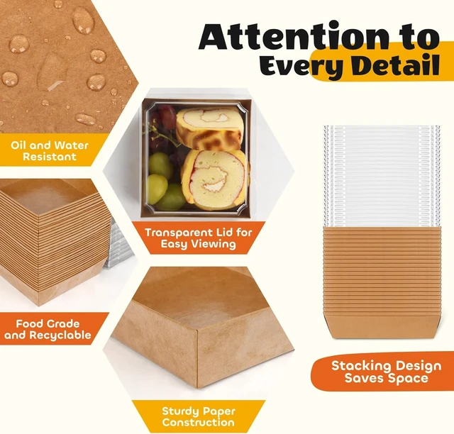 Alt view image 4 of 6 - 100Pcs Small Charcuterie Boxes with Clear Lid, Kraft Food Container Paper, Mini, Disposable, Charcuterie Boxes To Go, for Outdoors, Camping, Traveling, Sandwich, Cookie, Sushi, Cake Slice