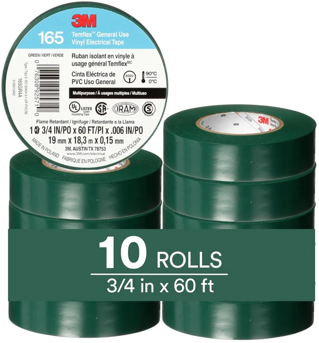 Main image of Temflex Vinyl Electrical Tape 165, 3/4 in x 60 ft, Green, 10 Roll Pack Multi-Purpose, 19 mm x 18 m