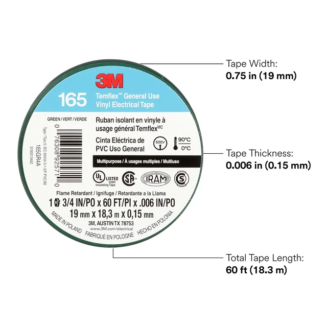 Alt view image 2 of 6 - Temflex Vinyl Electrical Tape 165, 3/4 in x 60 ft, Green, 10 Roll Pack Multi-Purpose, 19 mm x 18 m
