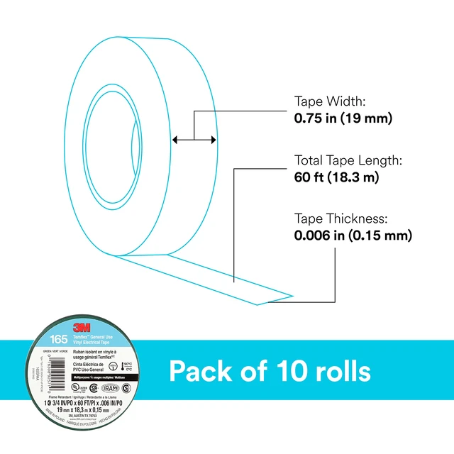 Alt view image 4 of 6 - Temflex Vinyl Electrical Tape 165, 3/4 in x 60 ft, Green, 10 Roll Pack Multi-Purpose, 19 mm x 18 m
