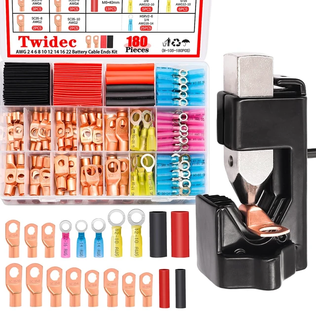 Main image of /180PCS Battery Cable Ends AWG 2 4 6 8 10 12 14 16 Gauge Copper Cable Wire Lugs,Ring Terminals Connectors,Copper Ring Terminals Connectors with Heat Shrink and Hammer Lug Crimper Tool