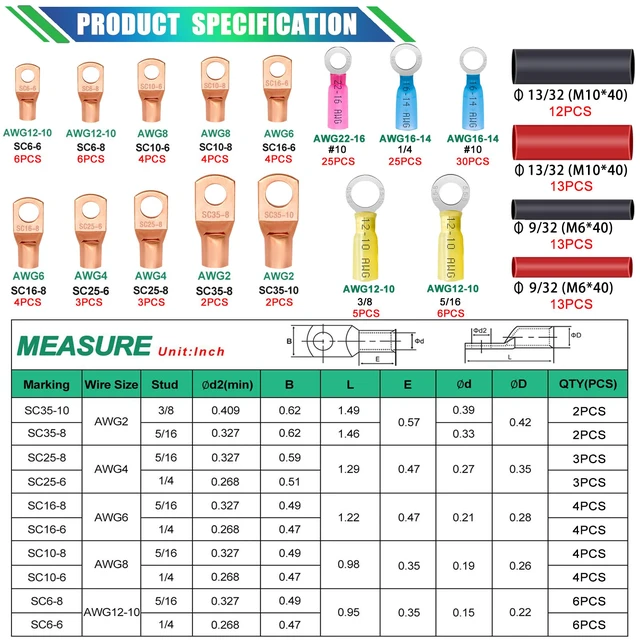 Alt view image 2 of 7 - /180PCS Battery Cable Ends AWG 2 4 6 8 10 12 14 16 Gauge Copper Cable Wire Lugs,Ring Terminals Connectors,Copper Ring Terminals Connectors with Heat Shrink N-105-180PCS