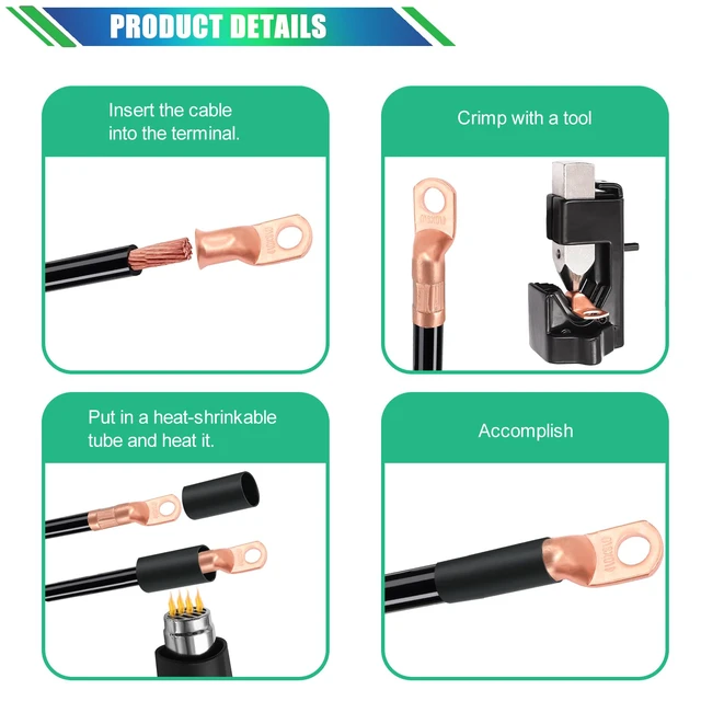 Alt view image 4 of 7 - /180PCS Battery Cable Ends AWG 2 4 6 8 10 12 14 16 Gauge Copper Cable Wire Lugs,Ring Terminals Connectors,Copper Ring Terminals Connectors with Heat Shrink and Hammer Lug Crimper Tool