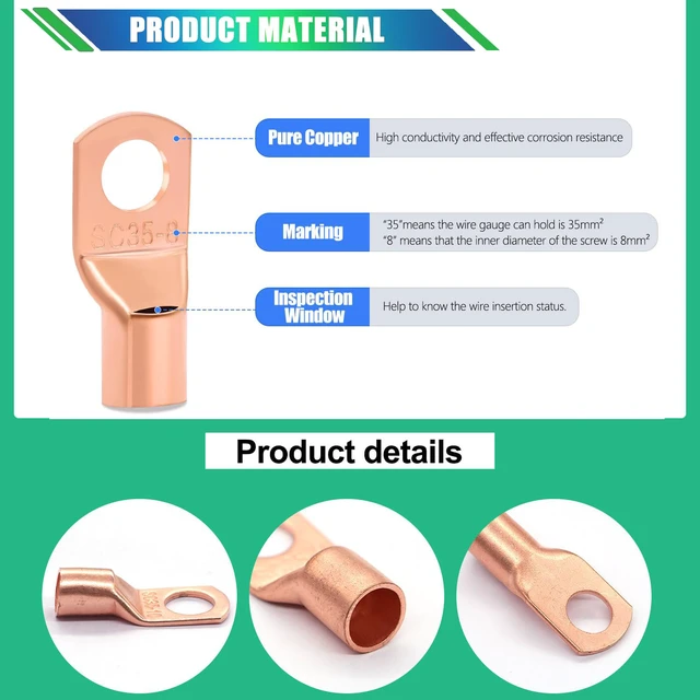 Alt view image 5 of 7 - /180PCS Battery Cable Ends AWG 2 4 6 8 10 12 14 16 Gauge Copper Cable Wire Lugs,Ring Terminals Connectors,Copper Ring Terminals Connectors with Heat Shrink N-105-180PCS