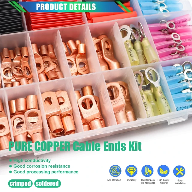 Alt view image 3 of 7 - /180PCS Battery Cable Ends AWG 2 4 6 8 10 12 14 16 Gauge Copper Cable Wire Lugs,Ring Terminals Connectors,Copper Ring Terminals Connectors with Heat Shrink N-105-180PCS