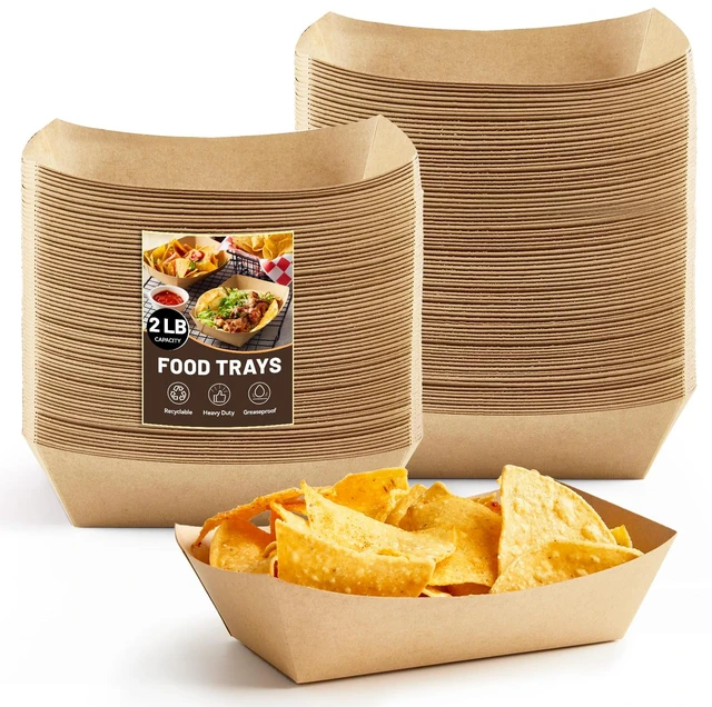 Main image of 200 Pack 2 Lb Paper Food Trays Disposable, Brown, Nacho Trays, Food Boats, Take Out Basket Holders, For Serving Party Snacks Hot Dogs Tacos Fries