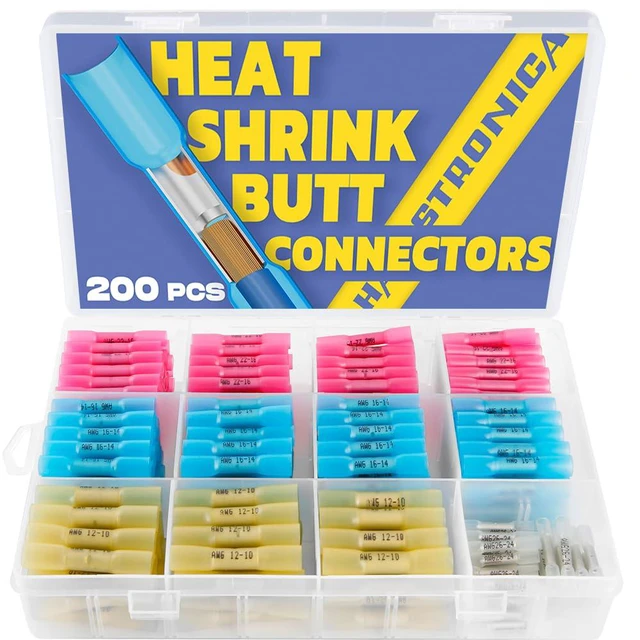 Main image of 200PCS Heat Shrink Butt Connectors, 26-10 AWG 3:1 adhesive-lined heat shrink, built-in wire stop 4 color-coded sizes for marine, automotive, and trailer wiring