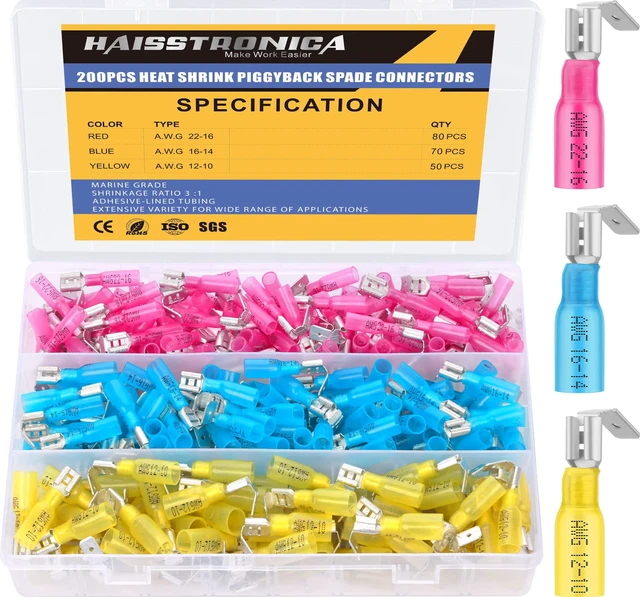 Main image of 200PCS Heat Shrink Piggyback Spade Connectors, 22-10 AWG Branch and Disconnect at One Connection, Main and Branch Leads at One Connection, 3:1 Adhesive-Lined Seal