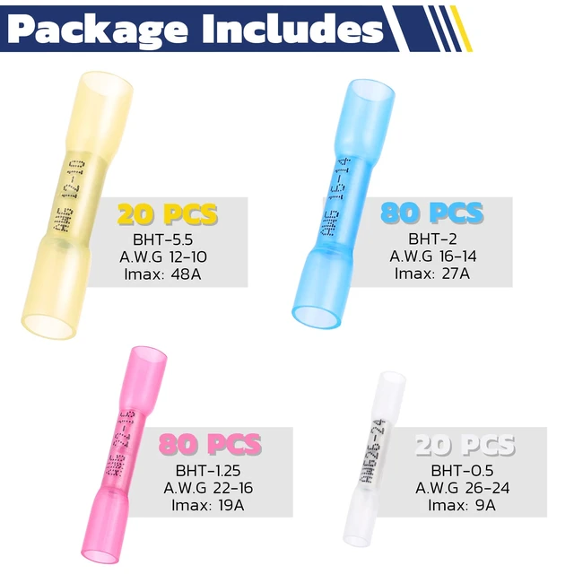 Alt view image 6 of 6 - 200PCS Heat Shrink Butt Connectors, 26-10 AWG 3:1 adhesive-lined heat shrink, built-in wire stop 4 color-coded sizes for marine, automotive, and trailer wiring