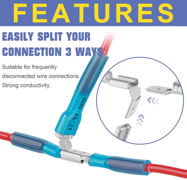 Alt view image 4 of 6 - 200PCS Heat Shrink Piggyback Spade Connectors, 22-10 AWG Branch and Disconnect at One Connection, Main and Branch Leads at One Connection, 3:1 Adhesive-Lined Seal