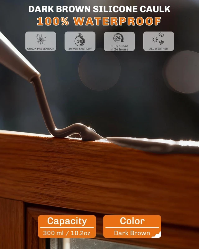 Alt view image 2 of 7 - Dark Brown/Espresso Silicone Caulk, 100% Waterproof Caulking Silicone Sealant Flexible Adhesive, Matches Walnut, Mahogany, Jacobean, Dark Stained Oak, and Other Dark Wood finishes