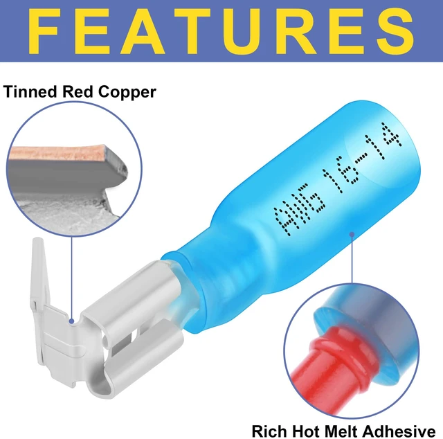 Alt view image 5 of 6 - 200PCS Heat Shrink Piggyback Spade Connectors, 22-10 AWG Branch and Disconnect at One Connection, Main and Branch Leads at One Connection, 3:1 Adhesive-Lined Seal