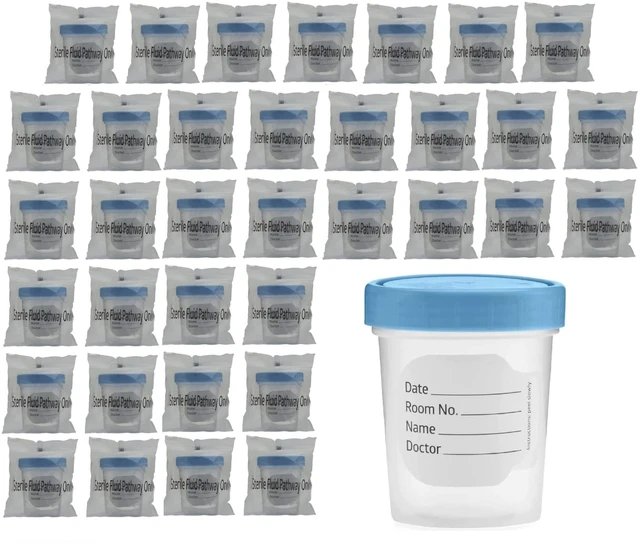 Main image of Sterile Specimen Cups 4 oz, Urine Collection Cups 35 Pack Individually bagged sterile cups with screw-on lids for urine collection, specimen testing, and secure sample handling