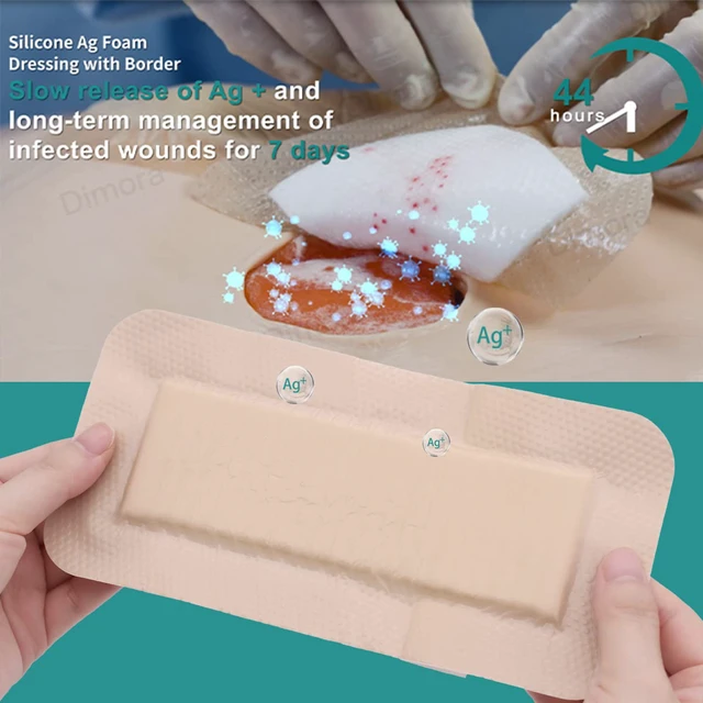 Alt view image 2 of 7 - Ag Sliver Silicone Foam Dressing 4"x8" (5 Packs) Sliver Ag+ Sterile Post Surgical Wound Care Waterproof Breathable Ultra Absorbent Pads