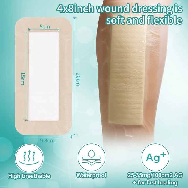 Alt view image 4 of 7 - Ag Sliver Silicone Foam Dressing 4"x8" (5 Packs) Sliver Ag+ Sterile Post Surgical Wound Care Waterproof Breathable Ultra Absorbent Pads