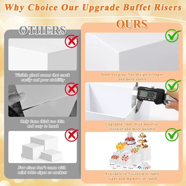 Alt view image 3 of 7 - White Acrylic Buffet Risers and Stand Food Risers with Mini Sign and Maker Food Display Stands for Buffet Table Party Catering Dessert Jewelry Collectibles,Nesting Cube Boxes with Hollow Bottoms