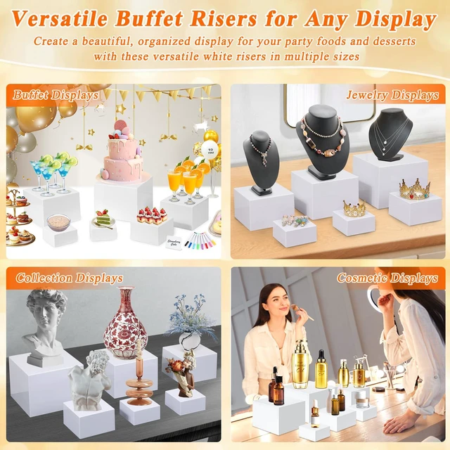 Alt view image 4 of 7 - White Acrylic Buffet Risers and Stand Food Risers with Mini Sign and Maker Food Display Stands for Buffet Table Party Catering Dessert Jewelry Collectibles,Nesting Cube Boxes with Hollow Bottoms