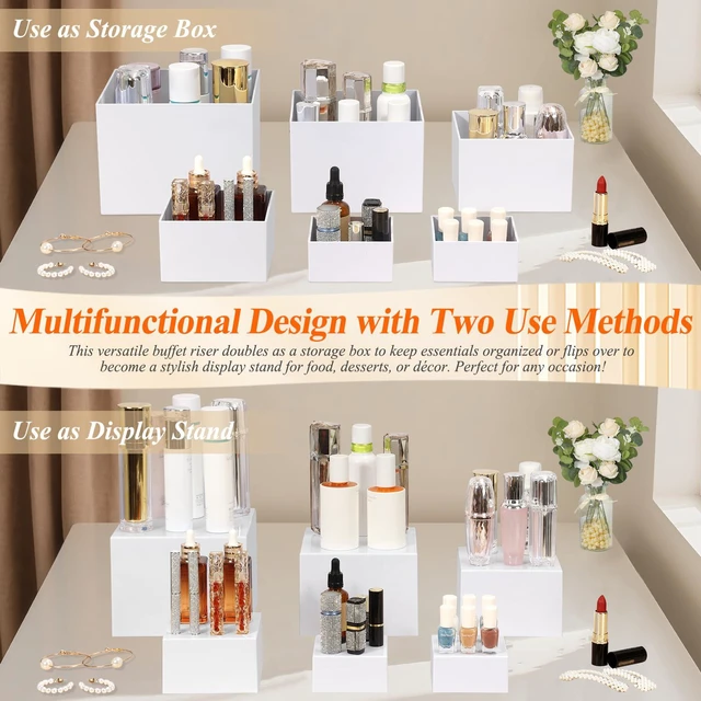 Alt view image 6 of 7 - White Acrylic Buffet Risers and Stand Food Risers with Mini Sign and Maker Food Display Stands for Buffet Table Party Catering Dessert Jewelry Collectibles,Nesting Cube Boxes with Hollow Bottoms