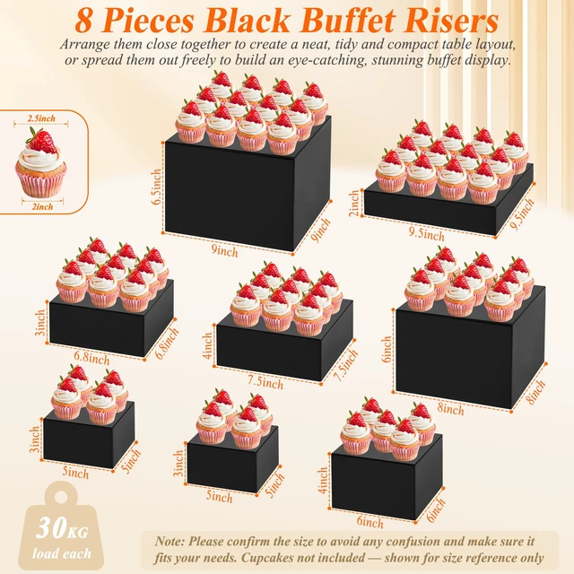 Alt view image 2 of 7 - 8Pcs Black Acrylic Buffet Risers with Mini Sign and Marker, Black Acrylic Risers for Party Catering Dessert Jewelry Collectibles with Hollow Bottoms Nesting Cube Box (9.5" 9" 8" 7.5" 6.8" 6" 5" 5")