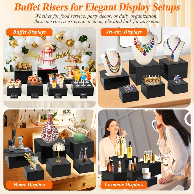 Alt view image 3 of 7 - 8Pcs Black Acrylic Buffet Risers with Mini Sign and Marker, Black Acrylic Risers for Party Catering Dessert Jewelry Collectibles with Hollow Bottoms Nesting Cube Box (9.5" 9" 8" 7.5" 6.8" 6" 5" 5")