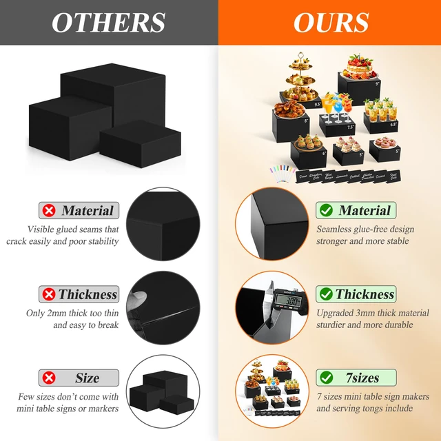 Alt view image 5 of 7 - 8Pcs Black Acrylic Buffet Risers with Mini Sign and Marker, Black Acrylic Risers for Party Catering Dessert Jewelry Collectibles with Hollow Bottoms Nesting Cube Box (9.5" 9" 8" 7.5" 6.8" 6" 5" 5")