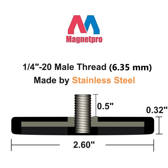 Alt view image 2 of 6 - 2 Pieces Strong Rubber Coated Mounting Magnets 65 LB Anti-Scratch & Anti Corrosion, Over 65 LB Adhesive Power, 1/4"-20 Stainless Steel Male Thread with Nuts for PTZ, Camera
