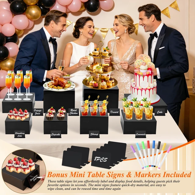 Alt view image 6 of 7 - 8Pcs Black Acrylic Buffet Risers with Mini Sign and Marker, Black Acrylic Risers for Party Catering Dessert Jewelry Collectibles with Hollow Bottoms Nesting Cube Box (9.5" 9" 8" 7.5" 6.8" 6" 5" 5")