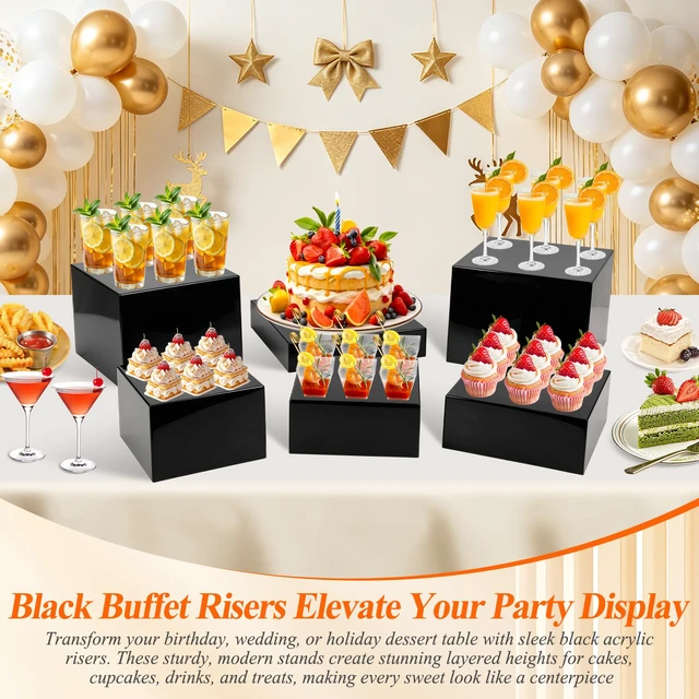 Alt view image 7 of 7 - 8Pcs Black Acrylic Buffet Risers with Mini Sign and Marker, Black Acrylic Risers for Party Catering Dessert Jewelry Collectibles with Hollow Bottoms Nesting Cube Box (9.5" 9" 8" 7.5" 6.8" 6" 5" 5")