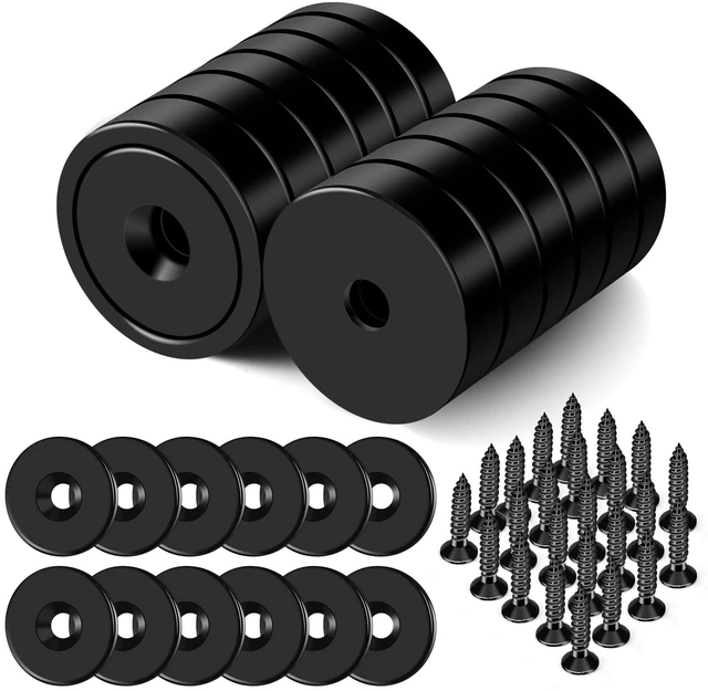 Main image of Strong Magnets Heavy Duty Screw On Neodymium 65LBS Magnet 12 Pack Rare Earth With Screw Hole Door Catch Adhesive Magnetic Locker Cabinet Round Wall Cruise Cabins Disc Mounting Fridge Black