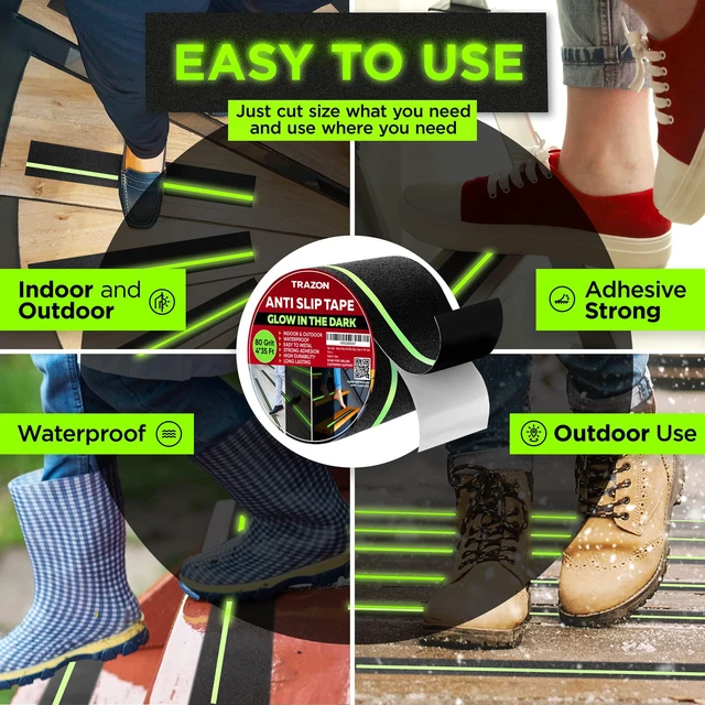 Alt view image 3 of 7 - Grip Tape Glow in Dark Stripe - Heavy Duty Anti Slip Tape for Stairs Outdoor/Indoor Waterproof 4 Inch x 35 Feet Non Skid Roll Stair Steps Traction Tread Staircases Grips Adhesive Nonslip Slip Strips