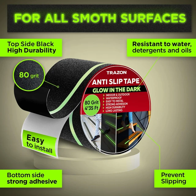 Alt view image 2 of 7 - Grip Tape Glow in Dark Stripe - Heavy Duty Anti Slip Tape for Stairs Outdoor/Indoor Waterproof 4 Inch x 35 Feet Non Skid Roll Stair Steps Traction Tread Staircases Grips Adhesive Nonslip Slip Strips