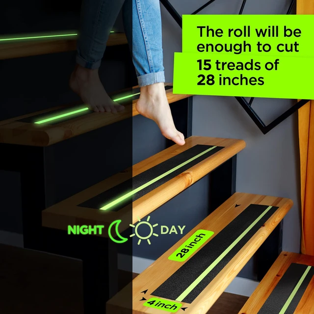 Alt view image 4 of 7 - Grip Tape Glow in Dark Stripe - Heavy Duty Anti Slip Tape for Stairs Outdoor/Indoor Waterproof 4 Inch x 35 Feet Non Skid Roll Stair Steps Traction Tread Staircases Grips Adhesive Nonslip Slip Strips