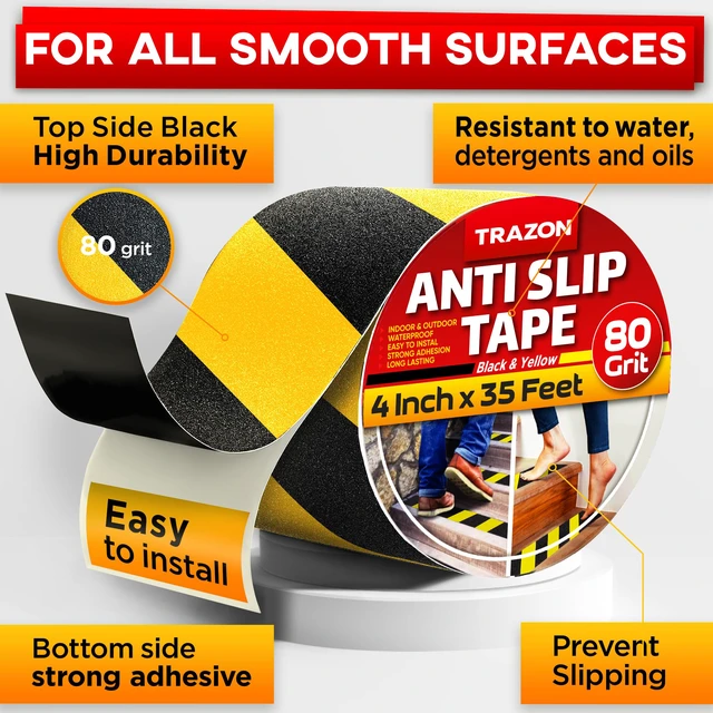 Alt view image 2 of 7 - Grip Tape - Heavy Duty Anti Slip Tape for Stairs Outdoor/Indoor Waterproof 4Inch x 35Ft Safety Non Skid Roll for Stair Steps Ramp Traction Tread Staircases Grips Non Slip Strips Walk Black and Yellow