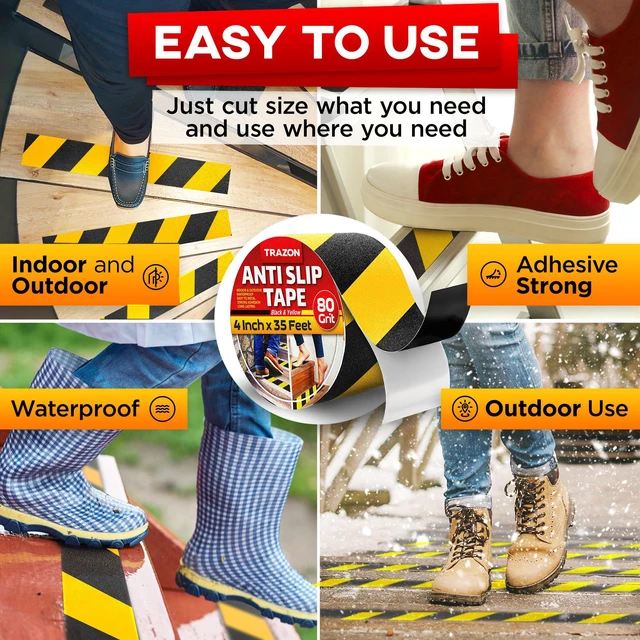Alt view image 4 of 7 - Grip Tape - Heavy Duty Anti Slip Tape for Stairs Outdoor/Indoor Waterproof 4Inch x 35Ft Safety Non Skid Roll for Stair Steps Ramp Traction Tread Staircases Grips Non Slip Strips Walk Black and Yellow