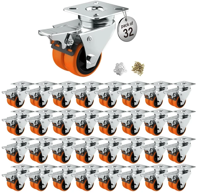 Main image of 2" Double Wheel Casters with Brake (32 Pack) Orange TPE, Heavy Duty, Non-Marking, Swivel Plate Dual Locking, For Garage Workshop Cart