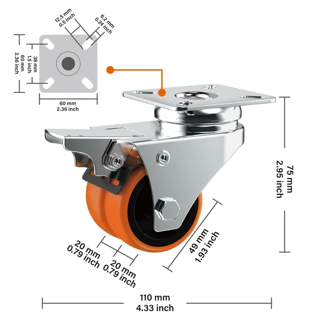 Alt view image 2 of 7 - 2" Double Wheel Casters with Brake (32 Pack) Orange TPE, Heavy Duty, Non-Marking, Swivel Plate Dual Locking, For Garage Workshop Cart