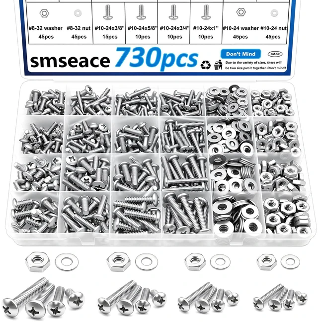 Main image of 730Pcs 304 Stainless Steel Machine Screws Assortment Kit#10-24#8-32#6-32#4-40 Phillips Pan Head Assorted Nuts and Bolts for Machinery, Furniture, Automotive, Motorcycle Repairs