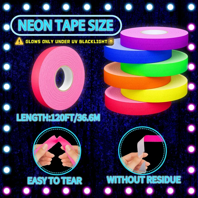 Alt view image 2 of 7 - Neon Gaffer Cloth UV Blacklight Tape for Halloween Decorations, 6 Rolls Multi-Color UV Fluorescent Glow in The Dark Tape for Party Decoration, Dance Floors, UV Party (0.6 inch x 120 feet)